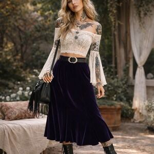 Women's XS Purple Velvet Maxi Whimsigoth Wiccan Grunge Gothic Flounce Hem Skirt